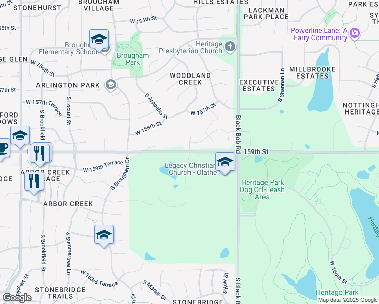 map of restaurants, bars, coffee shops, grocery stores, and more near 15483 West 159th Street in Olathe