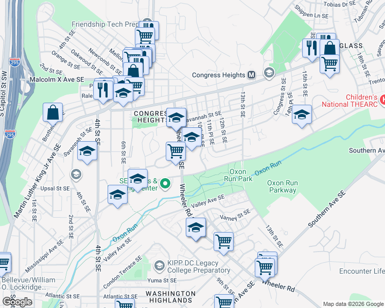 map of restaurants, bars, coffee shops, grocery stores, and more near 3400 Wheeler Road Southeast in Washington