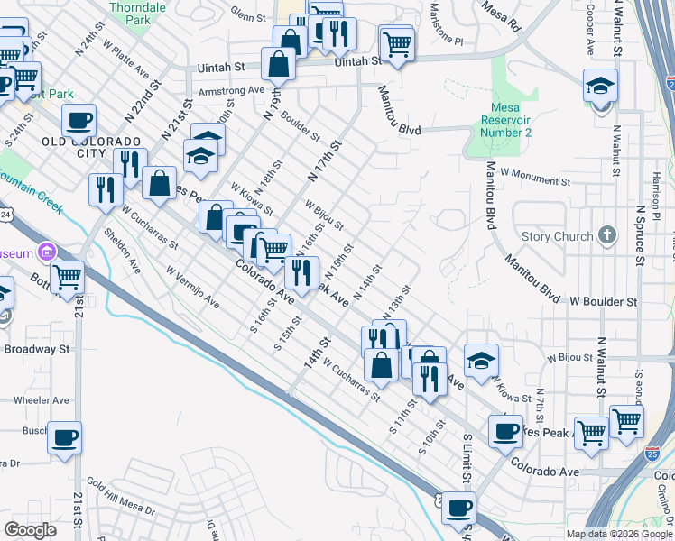map of restaurants, bars, coffee shops, grocery stores, and more near 1512 West Kiowa Street in Colorado Springs