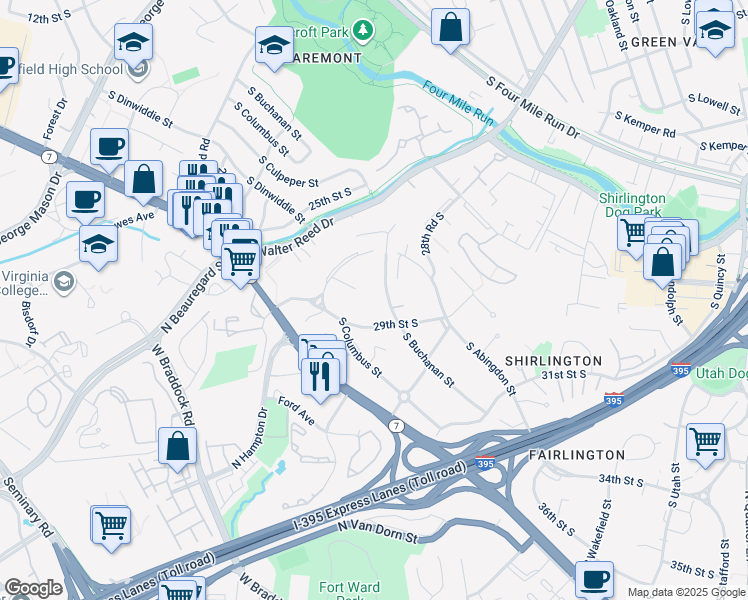 map of restaurants, bars, coffee shops, grocery stores, and more near 2854 South Buchanan Street in Arlington
