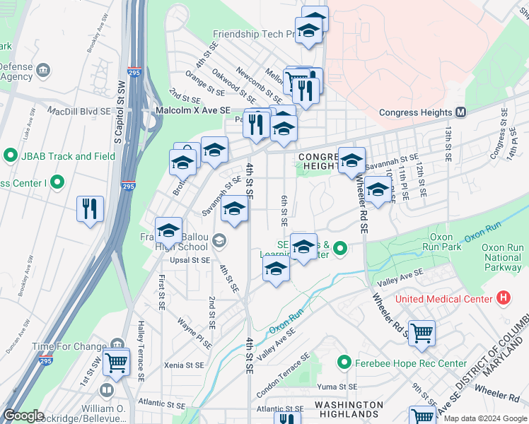 map of restaurants, bars, coffee shops, grocery stores, and more near 3415 5th Street Southeast in Washington