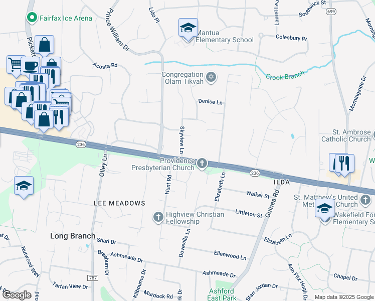 map of restaurants, bars, coffee shops, grocery stores, and more near 3931 Skyview Lane in Fairfax