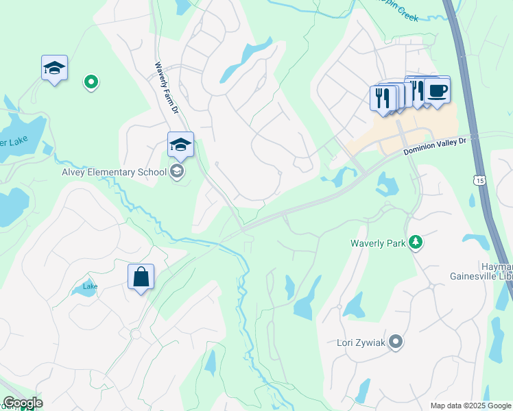 map of restaurants, bars, coffee shops, grocery stores, and more near 5411 Trevino Drive in Haymarket