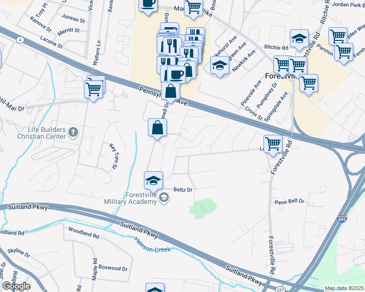 map of restaurants, bars, coffee shops, grocery stores, and more near 7306 Donnell Place in Forestville