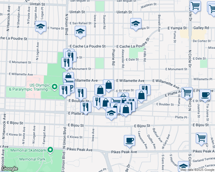 map of restaurants, bars, coffee shops, grocery stores, and more near 2203 East Willamette Avenue in Colorado Springs