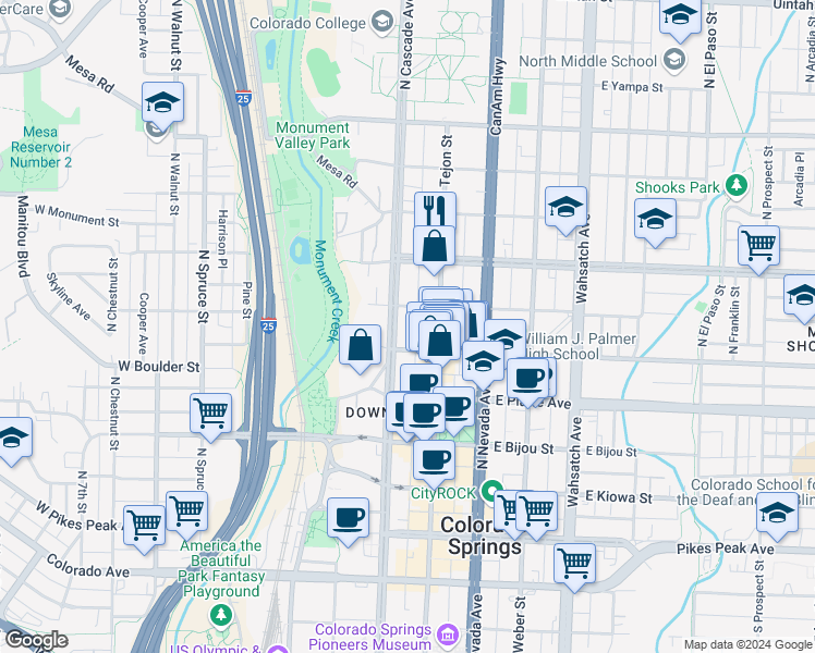 map of restaurants, bars, coffee shops, grocery stores, and more near 7 East Saint Vrain Street in Colorado Springs