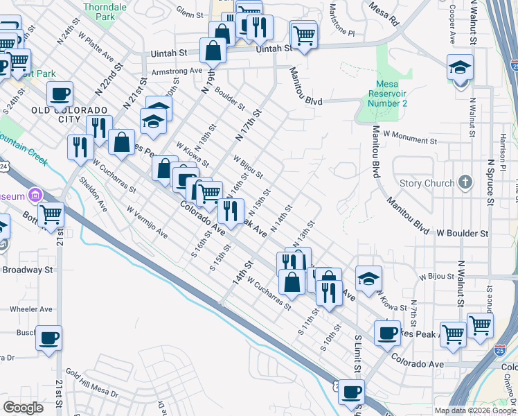 map of restaurants, bars, coffee shops, grocery stores, and more near 1512 West Kiowa Street in Colorado Springs