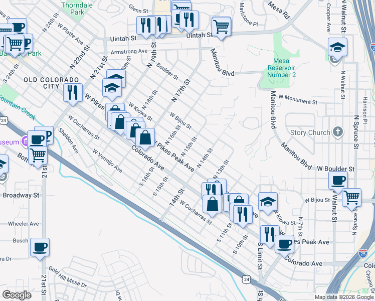 map of restaurants, bars, coffee shops, grocery stores, and more near 1512 West Kiowa Street in Colorado Springs