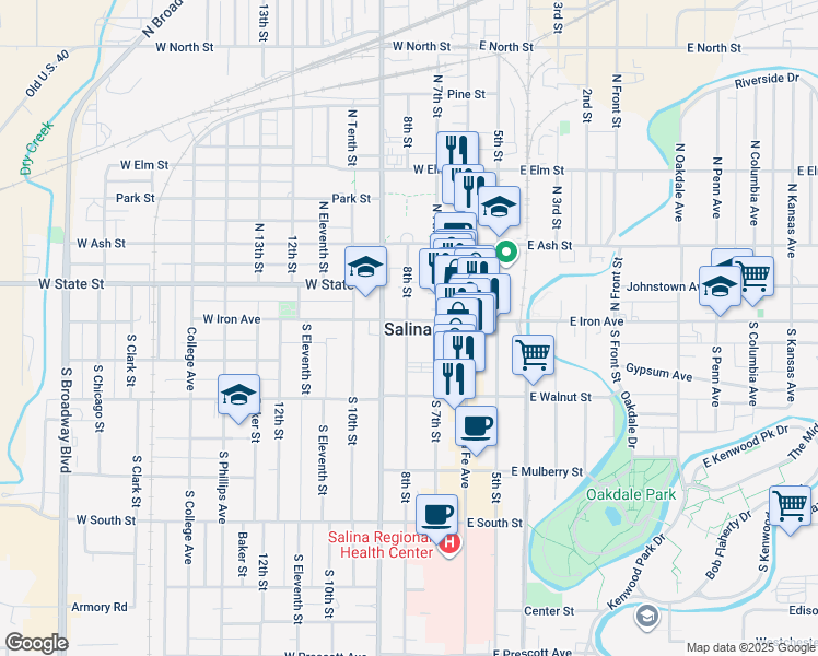 map of restaurants, bars, coffee shops, grocery stores, and more near in Salina