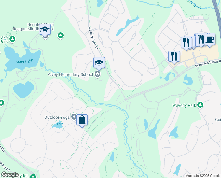 map of restaurants, bars, coffee shops, grocery stores, and more near 15624 Picketts Store Place in Haymarket