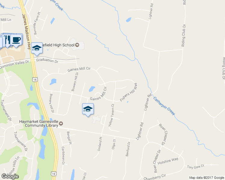 map of restaurants, bars, coffee shops, grocery stores, and more near 5610 Garnetts Farm Drive in Haymarket