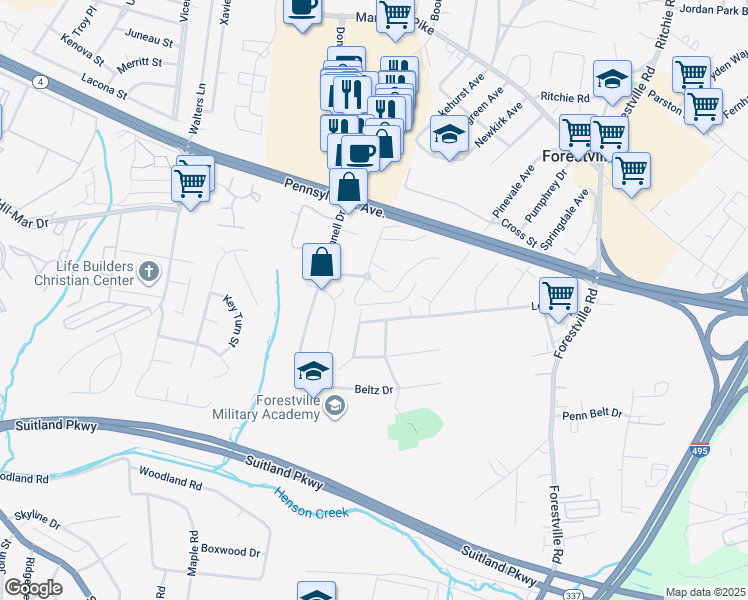 map of restaurants, bars, coffee shops, grocery stores, and more near 7306 Donnell Place in Forestville
