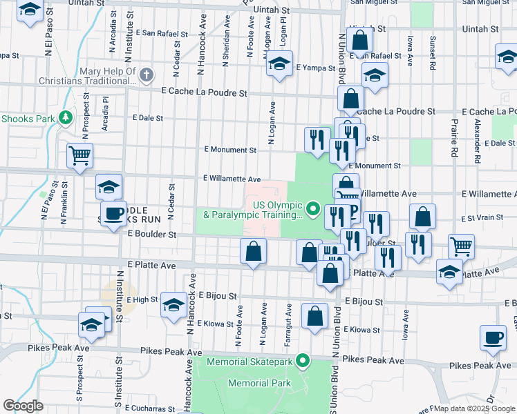 map of restaurants, bars, coffee shops, grocery stores, and more near in Colorado Springs