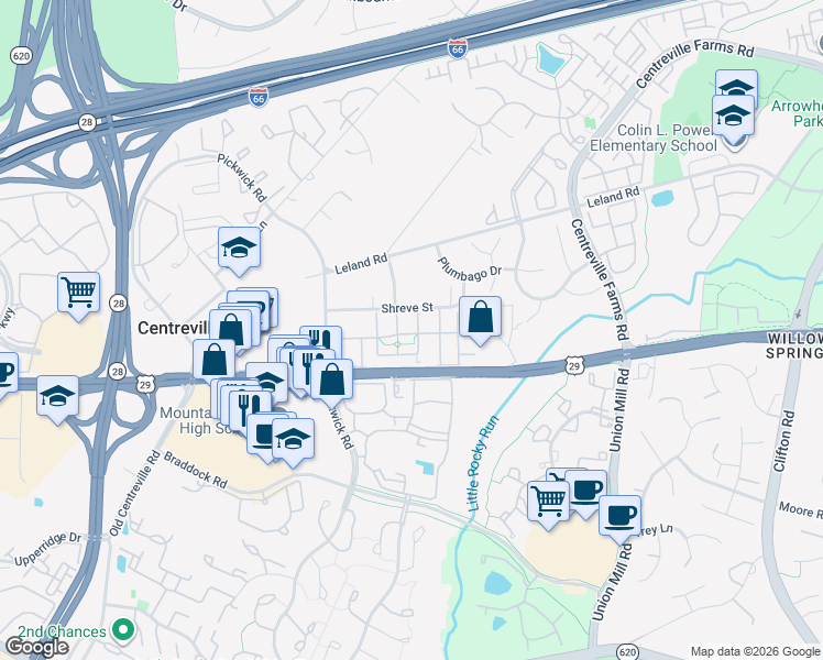 map of restaurants, bars, coffee shops, grocery stores, and more near 5667 Lierman Circle in Centreville