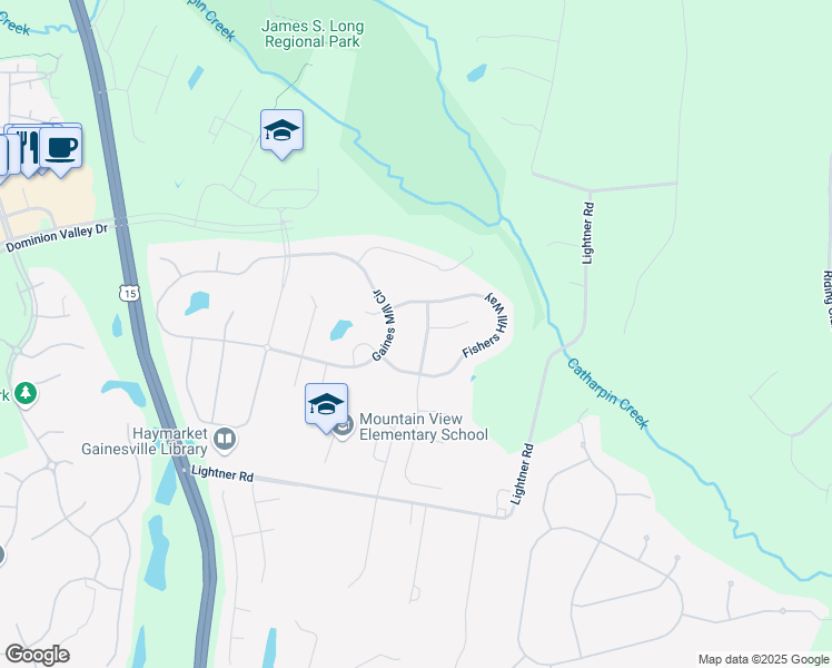 map of restaurants, bars, coffee shops, grocery stores, and more near 5610 Garnetts Farm Drive in Haymarket