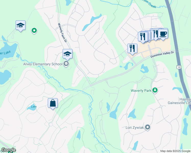 map of restaurants, bars, coffee shops, grocery stores, and more near 5411 Trevino Drive in Haymarket