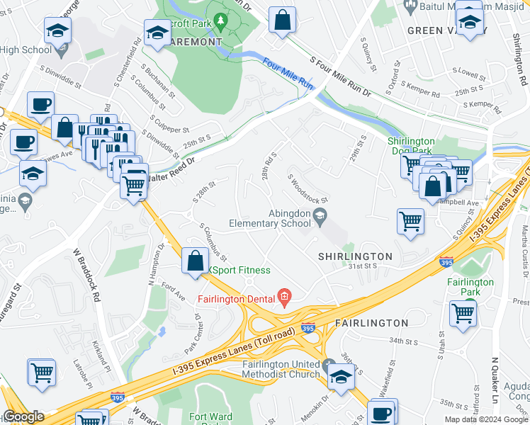 map of restaurants, bars, coffee shops, grocery stores, and more near 2874 South Abingdon Street in Arlington