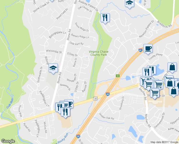 map of restaurants, bars, coffee shops, grocery stores, and more near 5923 Gunther Court in Centreville