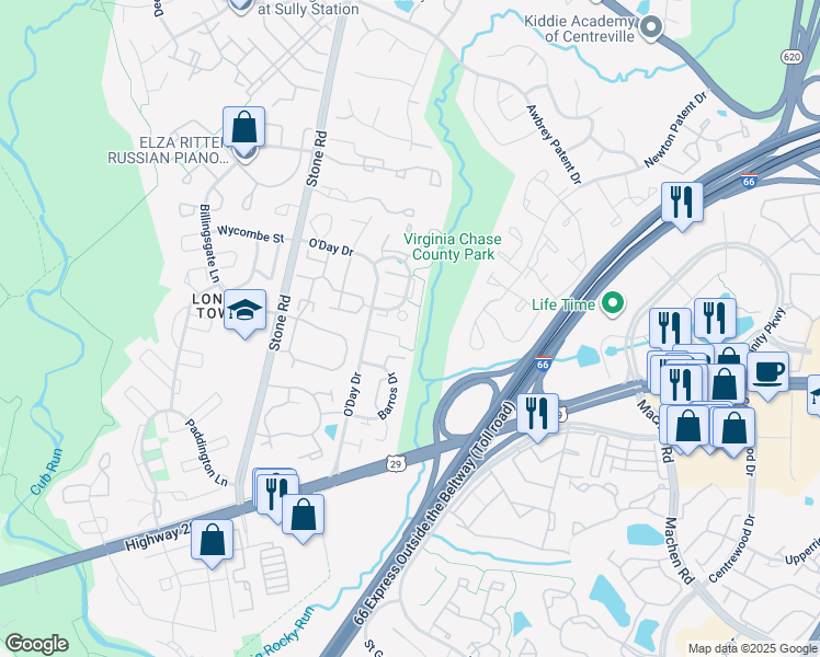 map of restaurants, bars, coffee shops, grocery stores, and more near 5923 Gunther Court in Centreville