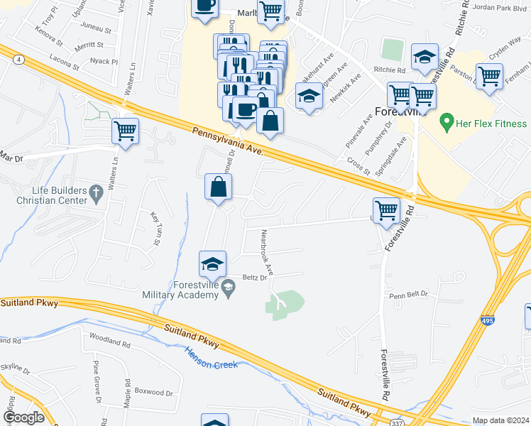 map of restaurants, bars, coffee shops, grocery stores, and more near 7310 Donnell Place in Forestville