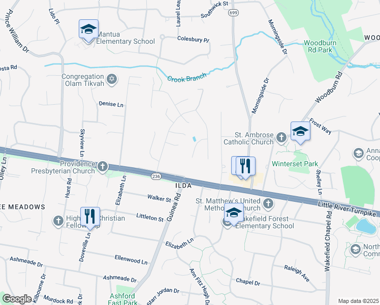map of restaurants, bars, coffee shops, grocery stores, and more near 3908 Laro Court in Fairfax
