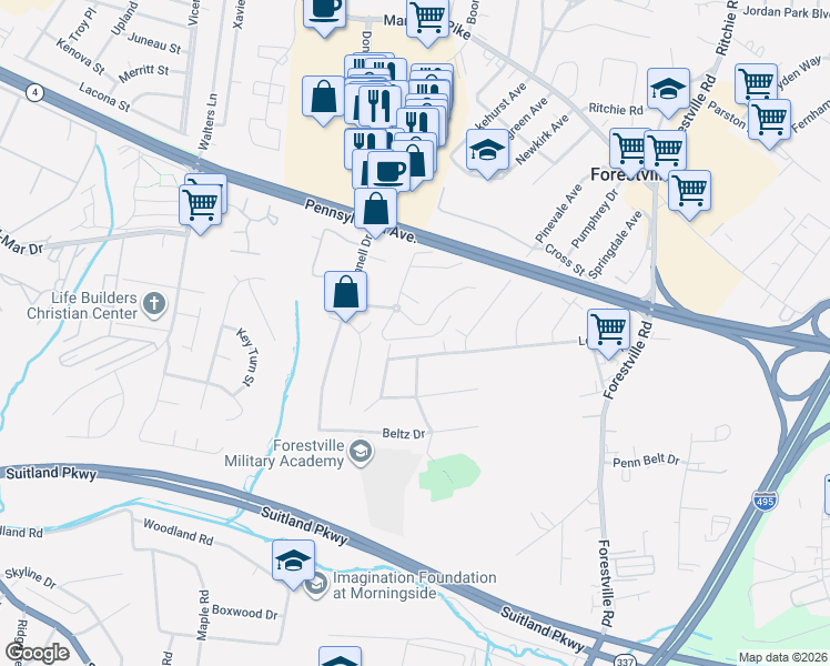 map of restaurants, bars, coffee shops, grocery stores, and more near 101 Independence Avenue Southeast in Washington
