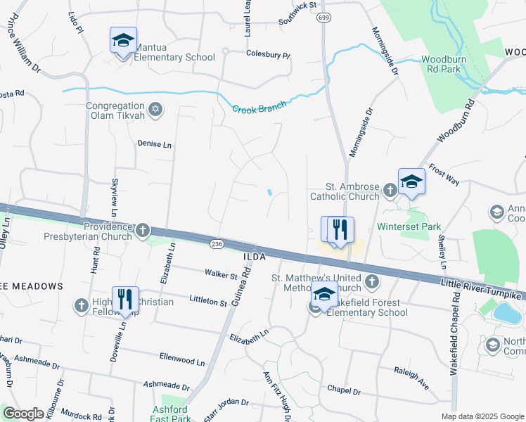 map of restaurants, bars, coffee shops, grocery stores, and more near 3908 Laro Court in Fairfax