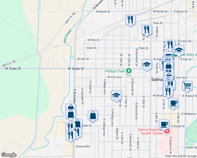 map of restaurants, bars, coffee shops, grocery stores, and more near 108 Northwest Place in Salina