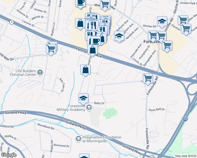 map of restaurants, bars, coffee shops, grocery stores, and more near Donnell Place in Forestville