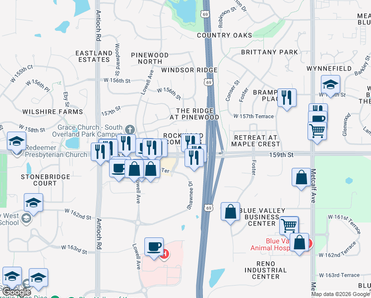 map of restaurants, bars, coffee shops, grocery stores, and more near 7819 West 158th Court in Overland Park
