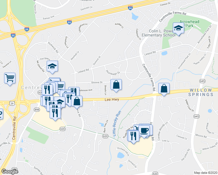 map of restaurants, bars, coffee shops, grocery stores, and more near 5614 Faircloth Court in Centreville