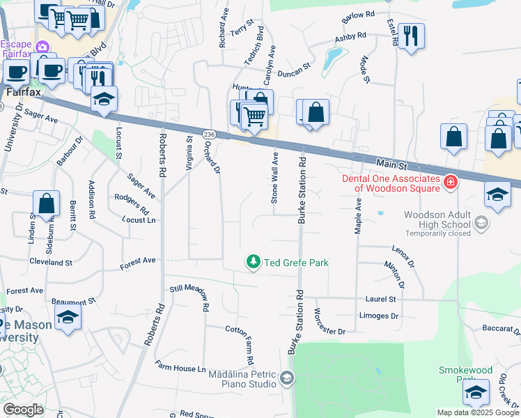 map of restaurants, bars, coffee shops, grocery stores, and more near 9910 Stoughton Road in Fairfax