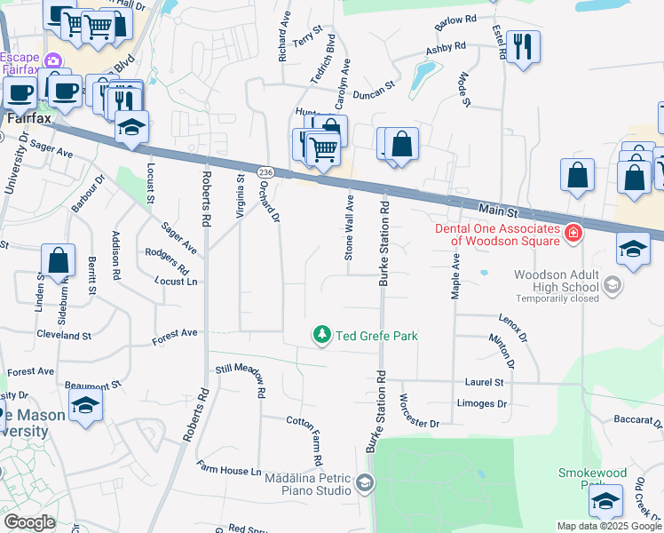 map of restaurants, bars, coffee shops, grocery stores, and more near 9910 Stoughton Road in Fairfax