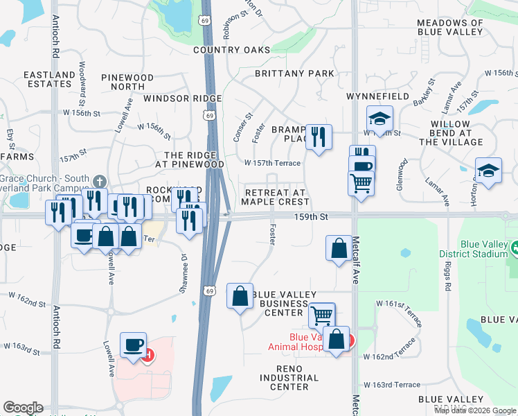 map of restaurants, bars, coffee shops, grocery stores, and more near 7646 West 158th Terrace in Overland Park
