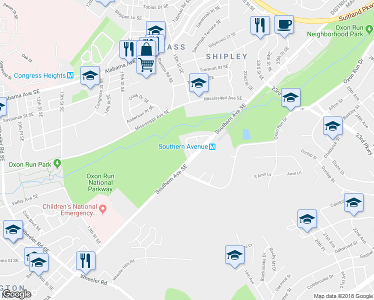 map of restaurants, bars, coffee shops, grocery stores, and more near 1816 Valley Terrace Southeast in Washington