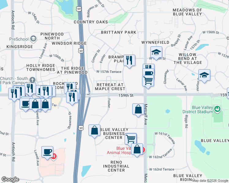 map of restaurants, bars, coffee shops, grocery stores, and more near 15833 Foster in Overland Park