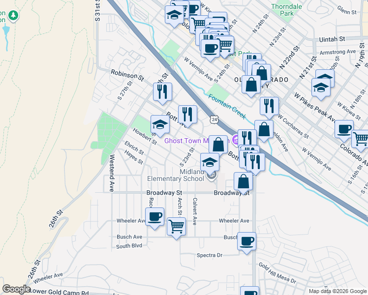 map of restaurants, bars, coffee shops, grocery stores, and more near 2310 Hagerman Street in Colorado Springs