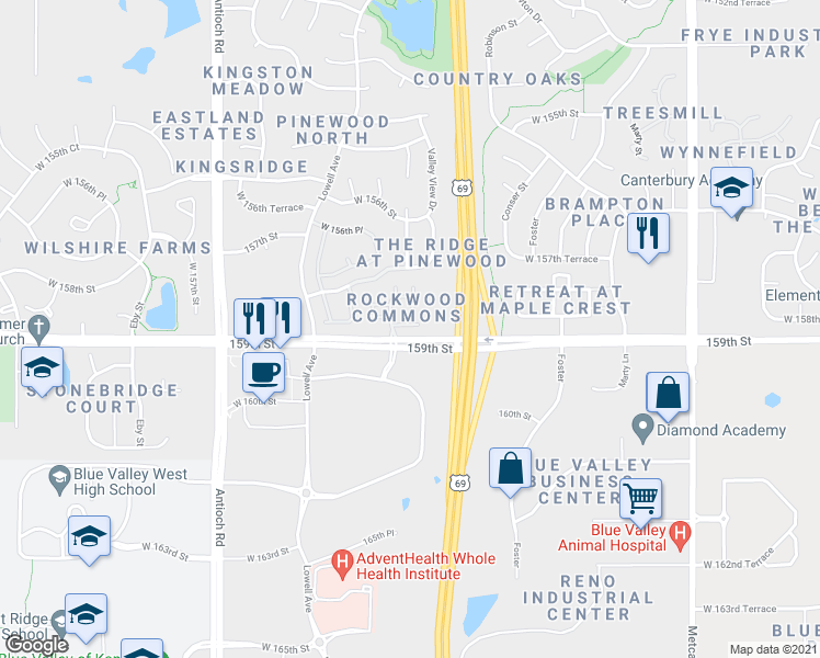 map of restaurants, bars, coffee shops, grocery stores, and more near 15869 Valley View Drive in Overland Park
