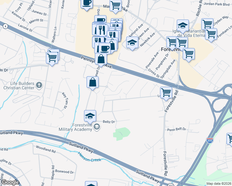 map of restaurants, bars, coffee shops, grocery stores, and more near 7314 Donnell Place in District Heights