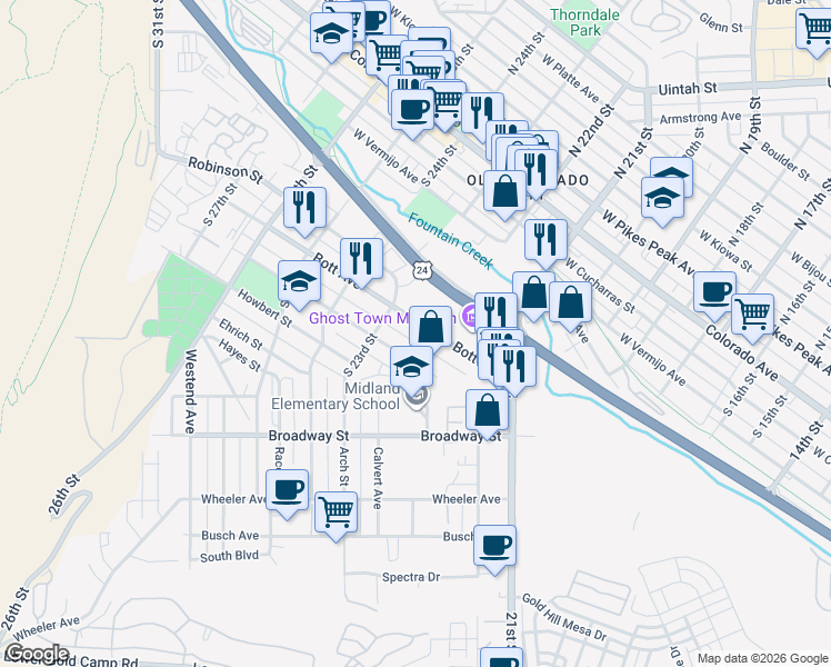 map of restaurants, bars, coffee shops, grocery stores, and more near 2221 Bott Avenue in Colorado Springs