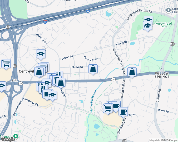 map of restaurants, bars, coffee shops, grocery stores, and more near 5653 Faircloth Court in Centreville