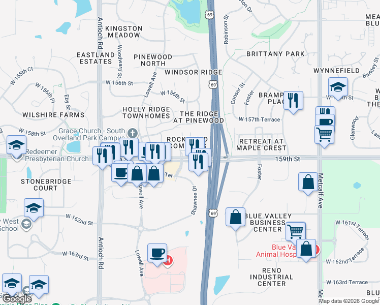 map of restaurants, bars, coffee shops, grocery stores, and more near 15869 Valley View Drive in Overland Park