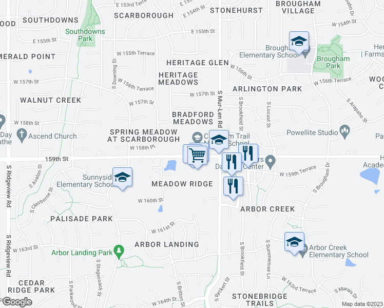 map of restaurants, bars, coffee shops, grocery stores, and more near 16900 159th Street in Olathe