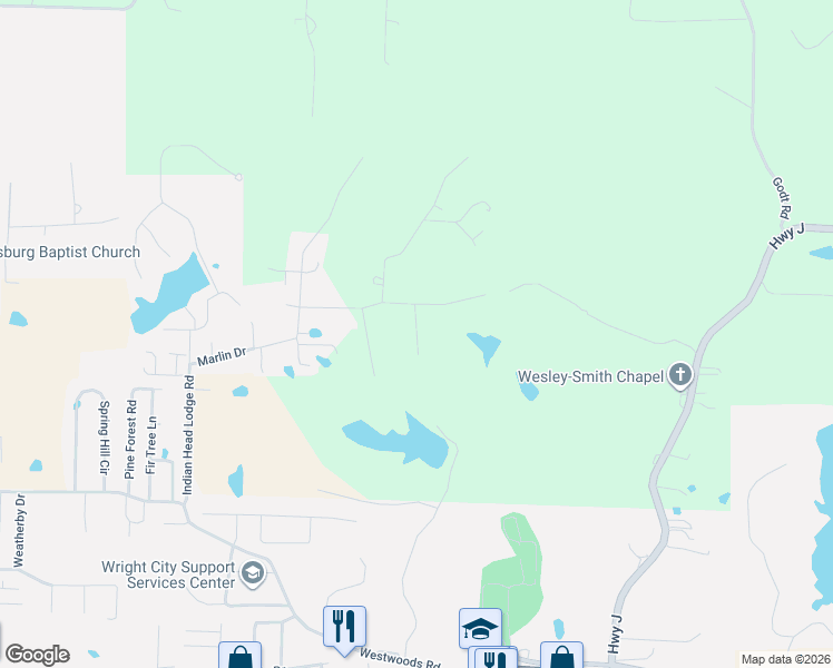 map of restaurants, bars, coffee shops, grocery stores, and more near Canary Court in Wright City