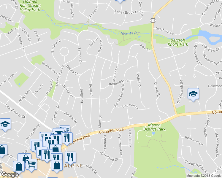 map of restaurants, bars, coffee shops, grocery stores, and more near 6840 Murray Lane in Annandale