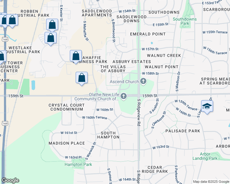 map of restaurants, bars, coffee shops, grocery stores, and more near 5000 South Brentwood Street in Olathe