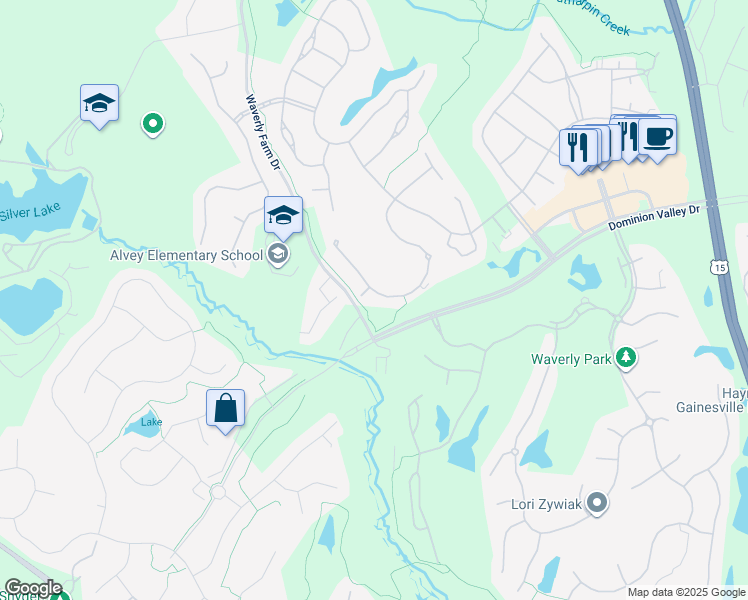 map of restaurants, bars, coffee shops, grocery stores, and more near 5425 Trevino Drive in Haymarket