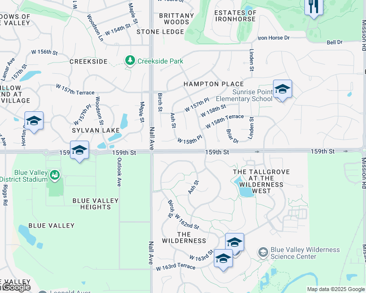 map of restaurants, bars, coffee shops, grocery stores, and more near 5301 West 158th Place in Overland Park