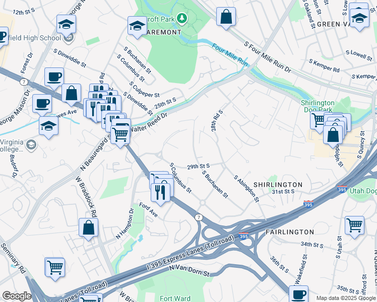 map of restaurants, bars, coffee shops, grocery stores, and more near 2870 South Buchanan Street in Arlington