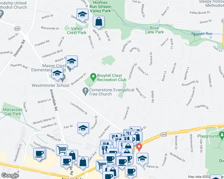map of restaurants, bars, coffee shops, grocery stores, and more near 3815 Stuart Court in Annandale